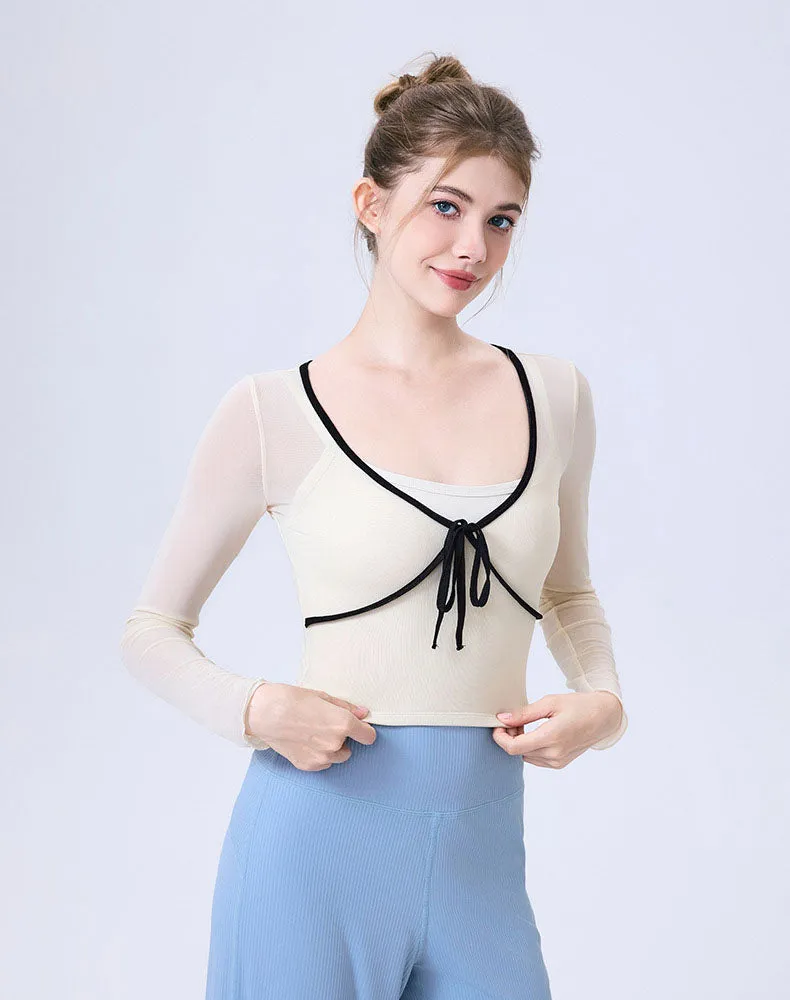 Faux Two Piece Long Sleeve Mesh Crop Top Tie Yoga T-Shirts sold by CRAVE by Frederick Wilhelm product image thumbnail 4