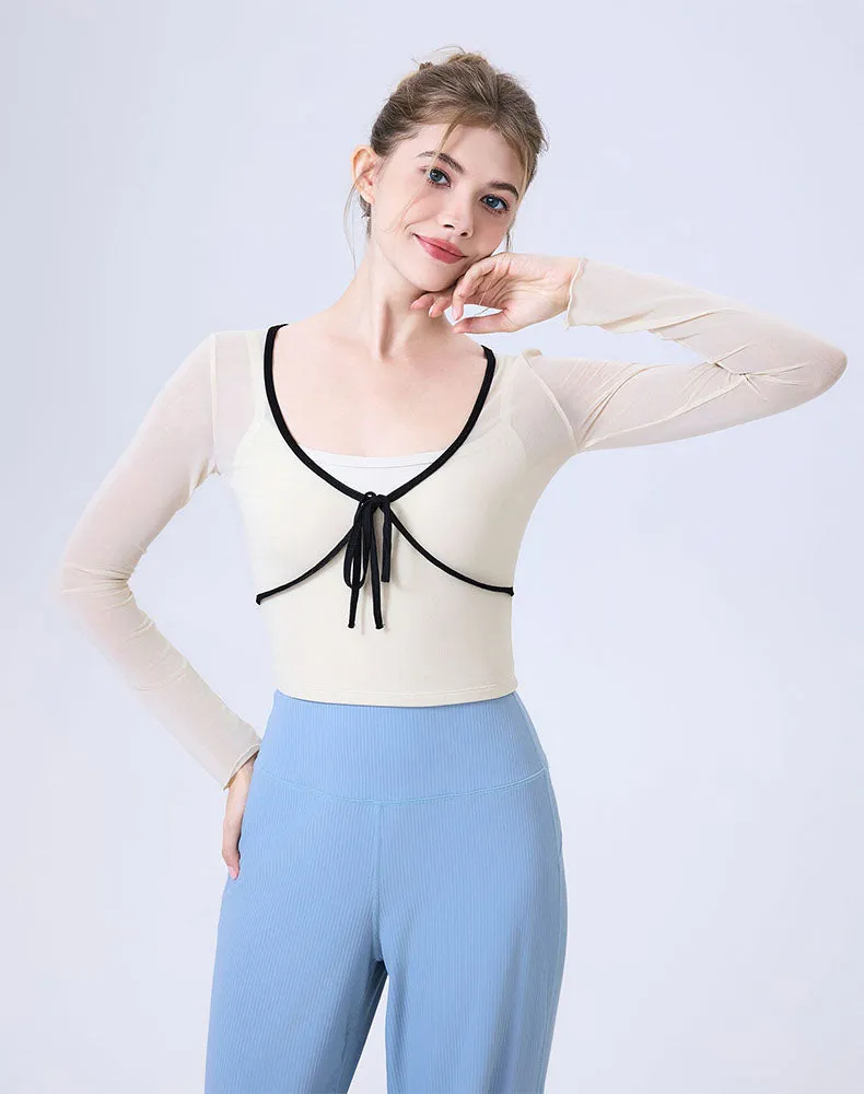Faux Two Piece Long Sleeve Mesh Crop Top Tie Yoga T-Shirts sold by CRAVE by Frederick Wilhelm product image thumbnail 3