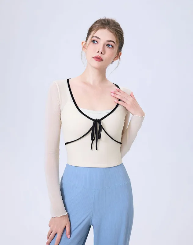 Faux Two Piece Long Sleeve Mesh Crop Top Tie Yoga T-Shirts sold by CRAVE by Frederick Wilhelm