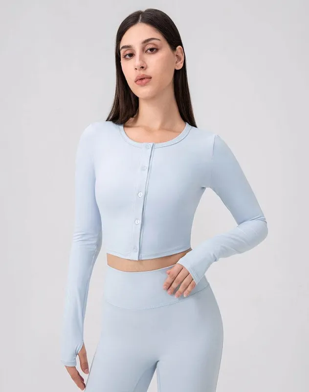 Long Sleeve Button Up Cropped Cardigan Crew Neck Tops sold by CRAVE by Frederick Wilhelm