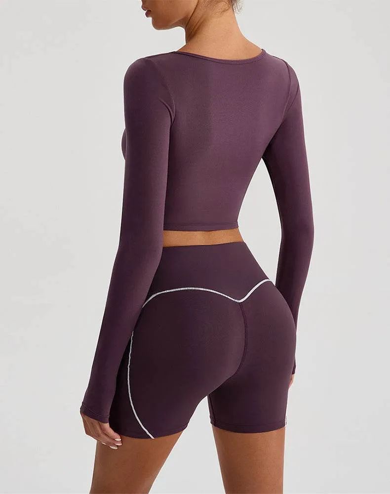 Solid Color Crop Top Yoga Long Sleeve V Neck T-Shirts sold by CRAVE by Frederick Wilhelm product image thumbnail 2