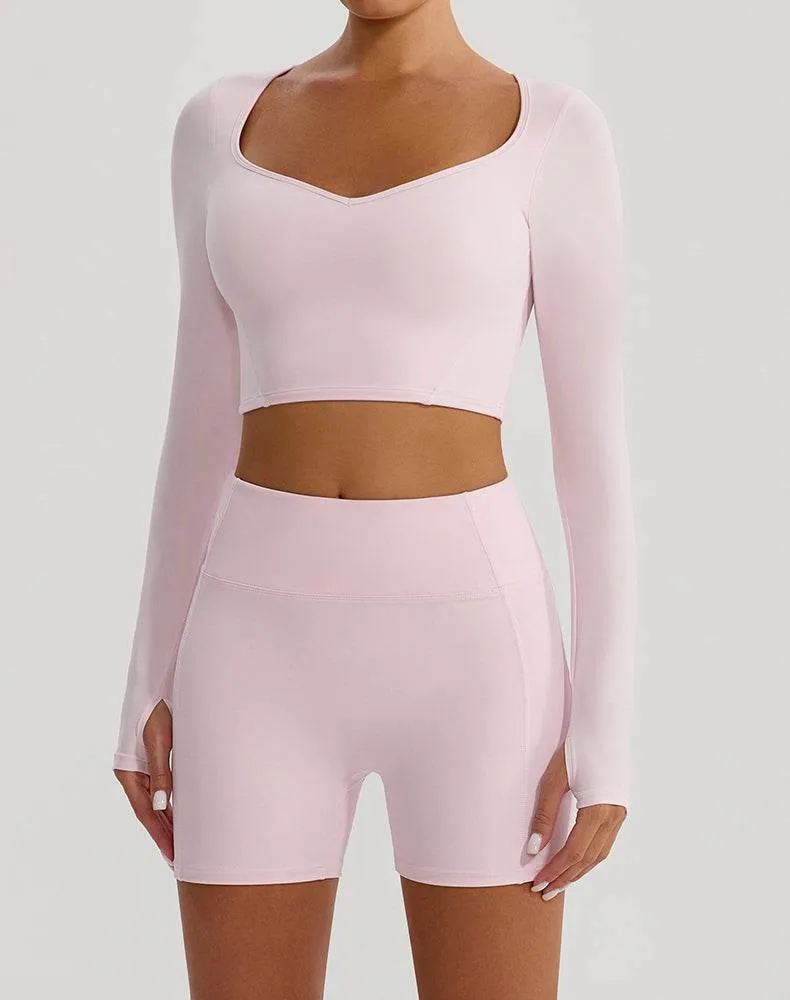 Solid Color Crop Top Yoga Long Sleeve V Neck T-Shirts sold by CRAVE by Frederick Wilhelm product image thumbnail 4