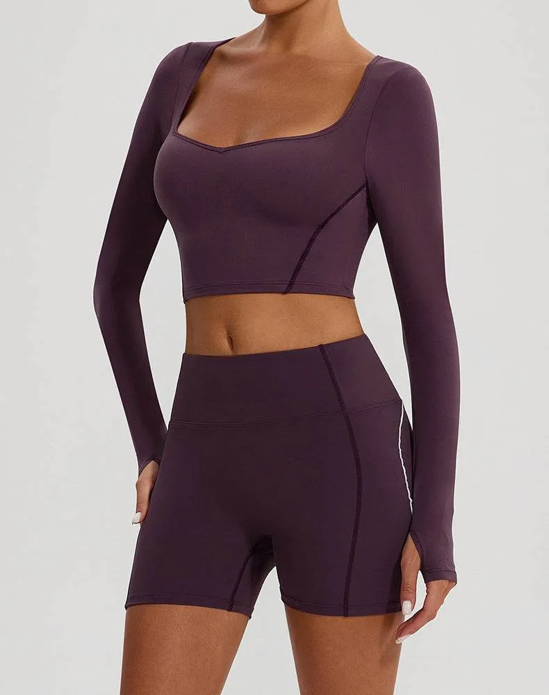 Solid Color Crop Top Yoga Long Sleeve V Neck T-Shirts sold by CRAVE by Frederick Wilhelm product image thumbnail 3