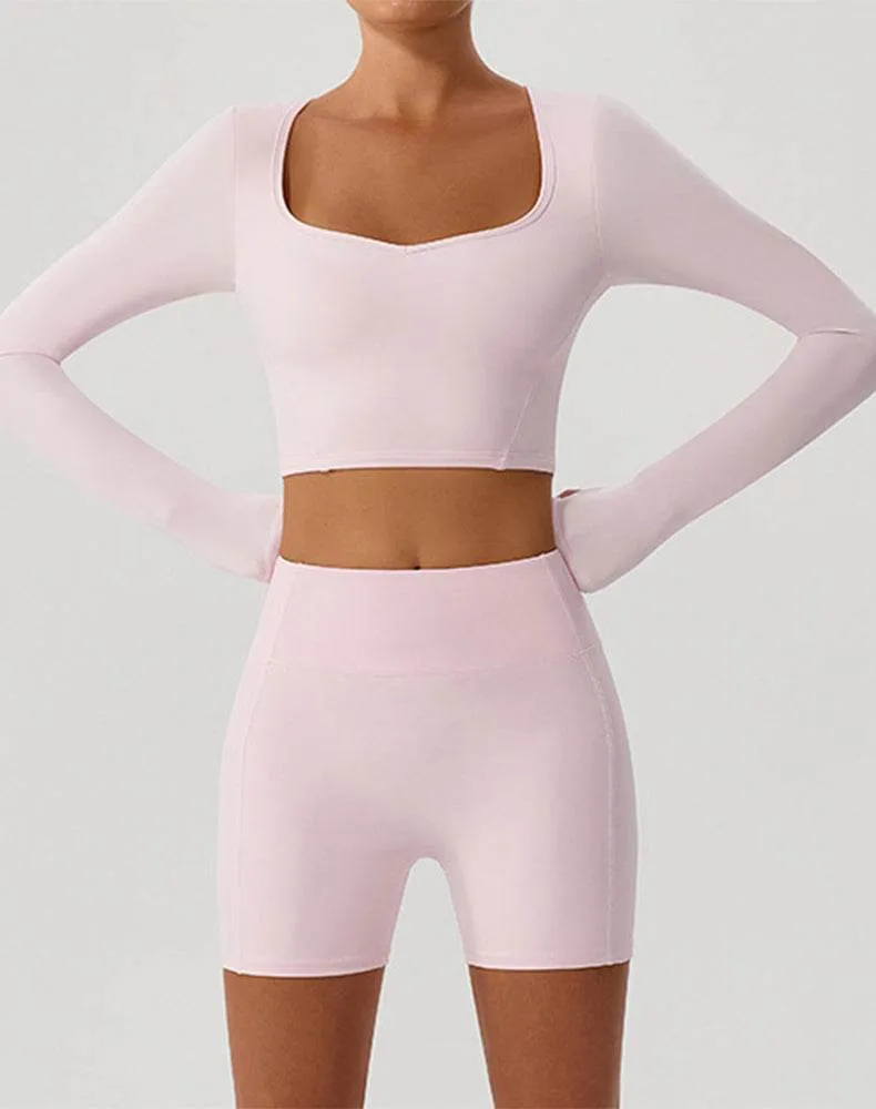 Solid Color Crop Top Yoga Long Sleeve V Neck T-Shirts sold by CRAVE by Frederick Wilhelm product image thumbnail 5