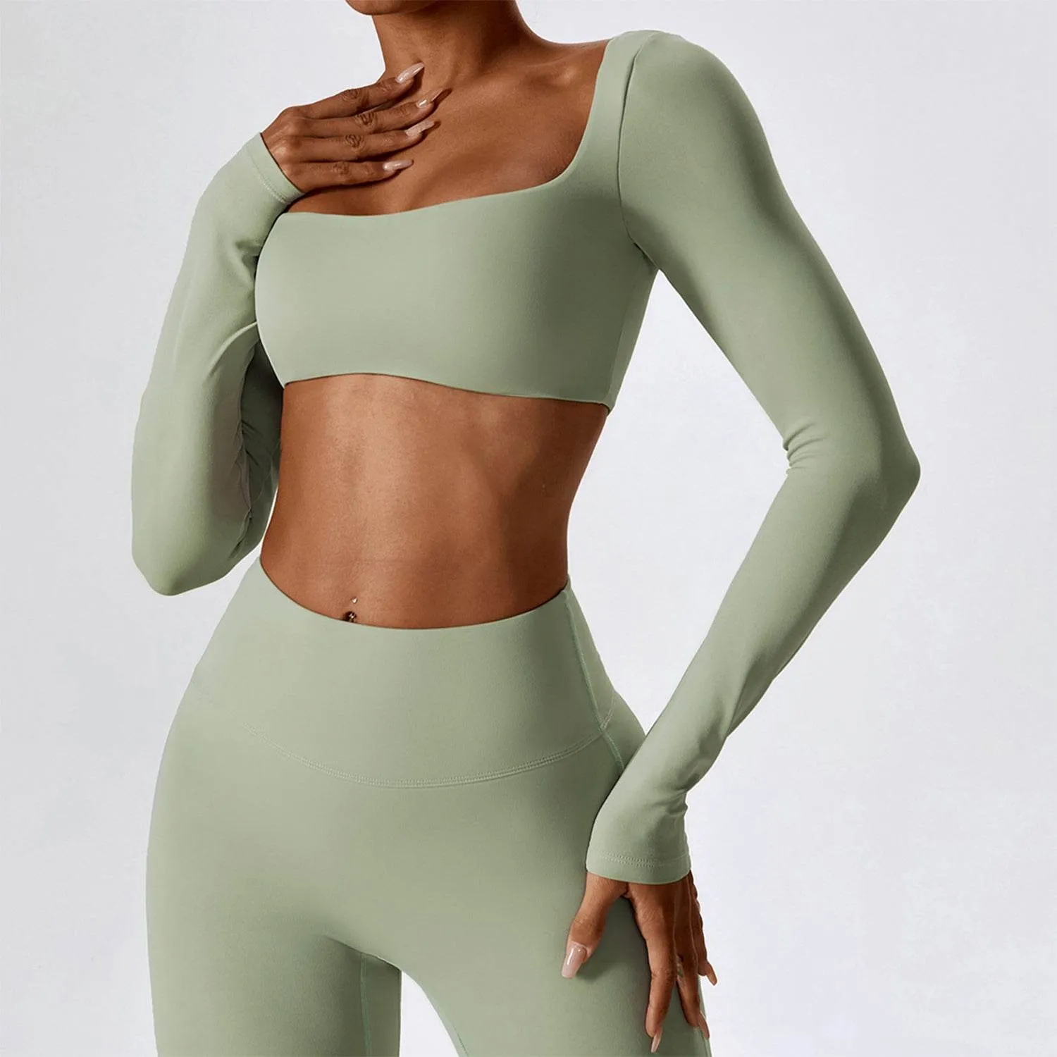 Square Neck Yoga Crop Tops Long Sleeve T-Shirt sold by CRAVE by Frederick Wilhelm product image thumbnail 2