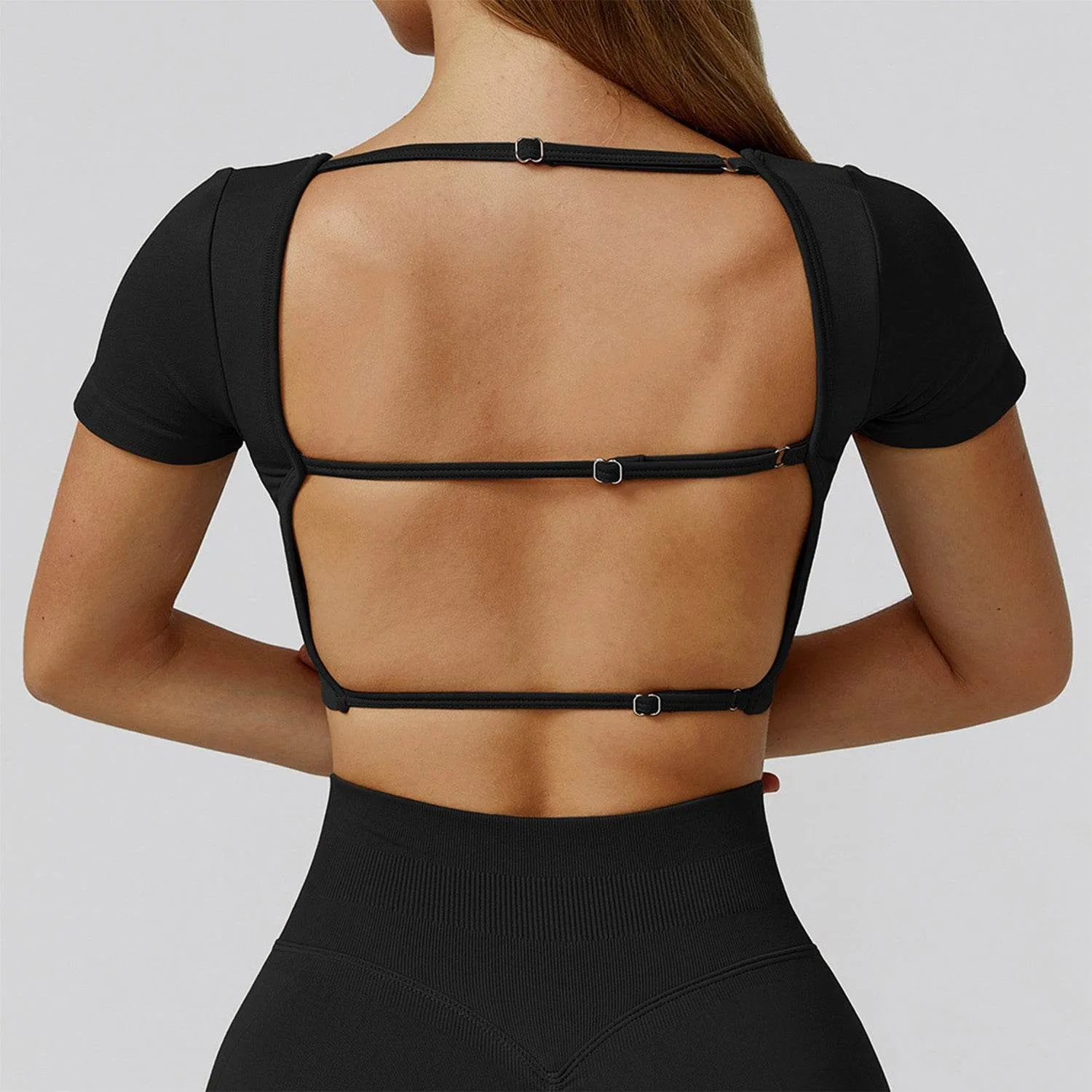 Short Sleeve Crop Top Yoga T-Shirt with Built in Bra sold by CRAVE by Frederick Wilhelm product image thumbnail 2