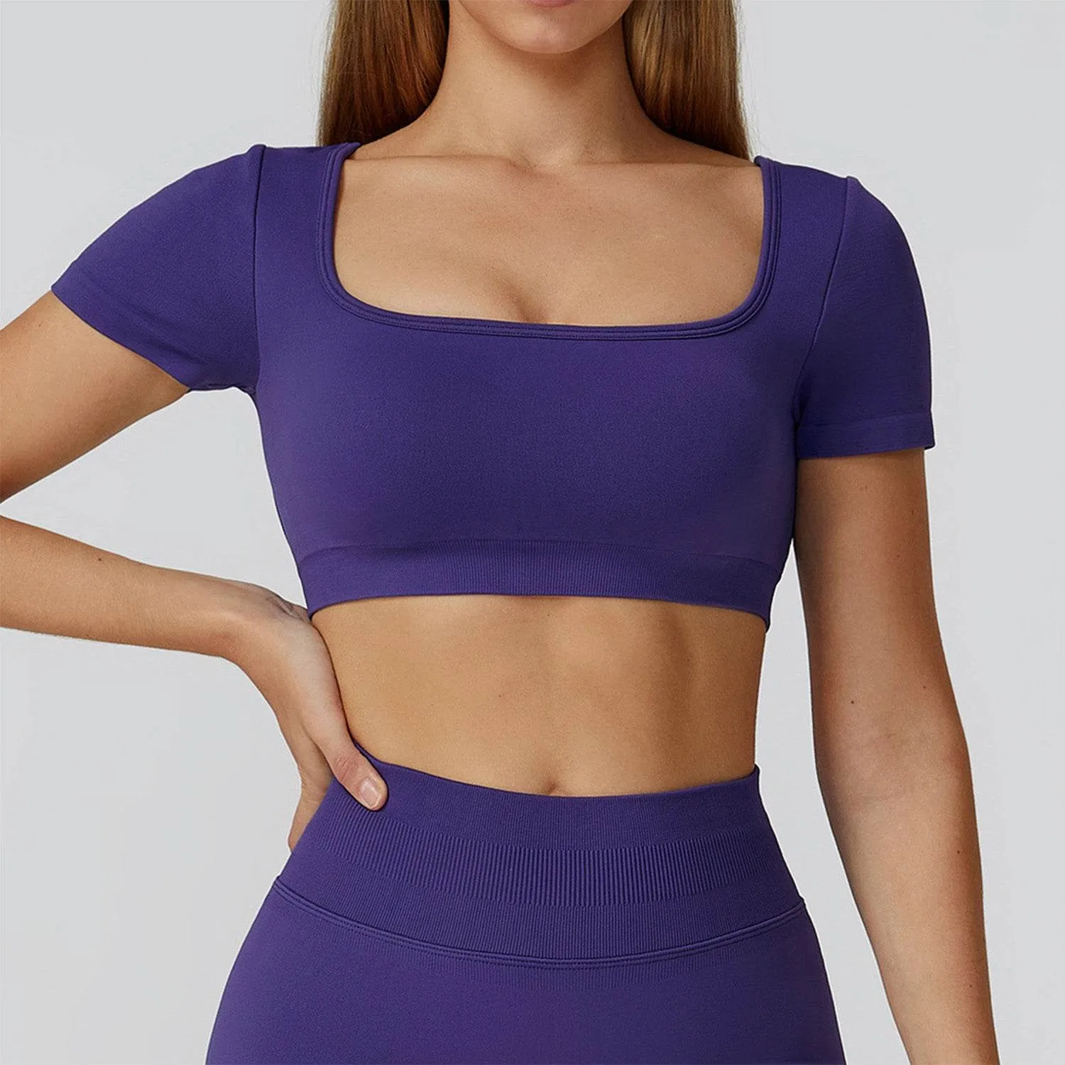 Short Sleeve Crop Top Yoga T-Shirt with Built in Bra sold by CRAVE by Frederick Wilhelm product image thumbnail 5