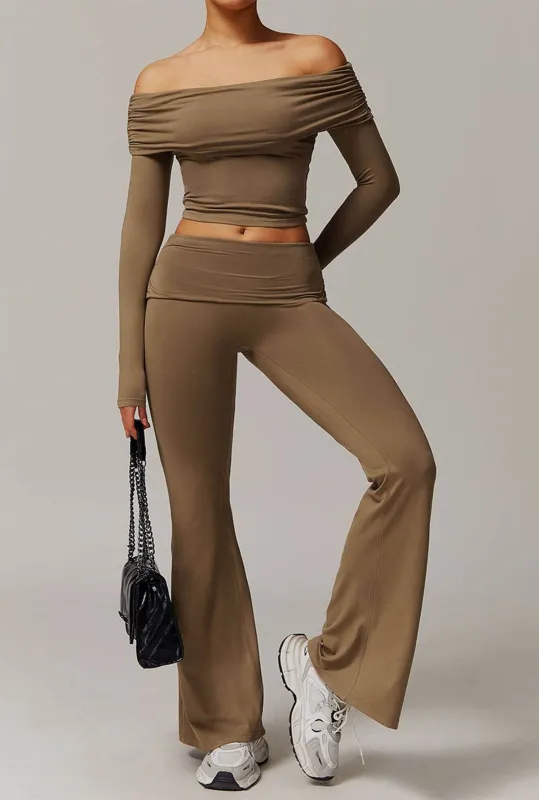 Active Wear Set with Long Sleeve Off Shoulder Crop Top and Flare Pants sold by CRAVE by Frederick Wilhelm