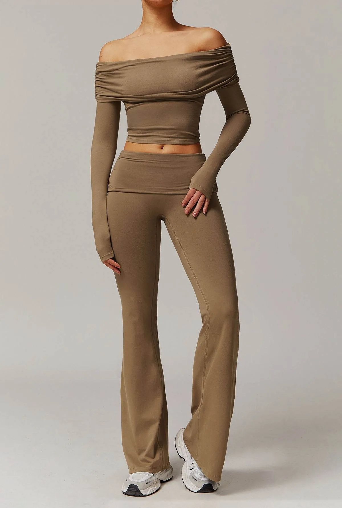 Active Wear Set with Long Sleeve Off Shoulder Crop Top and Flare Pants sold by CRAVE by Frederick Wilhelm product image thumbnail 4