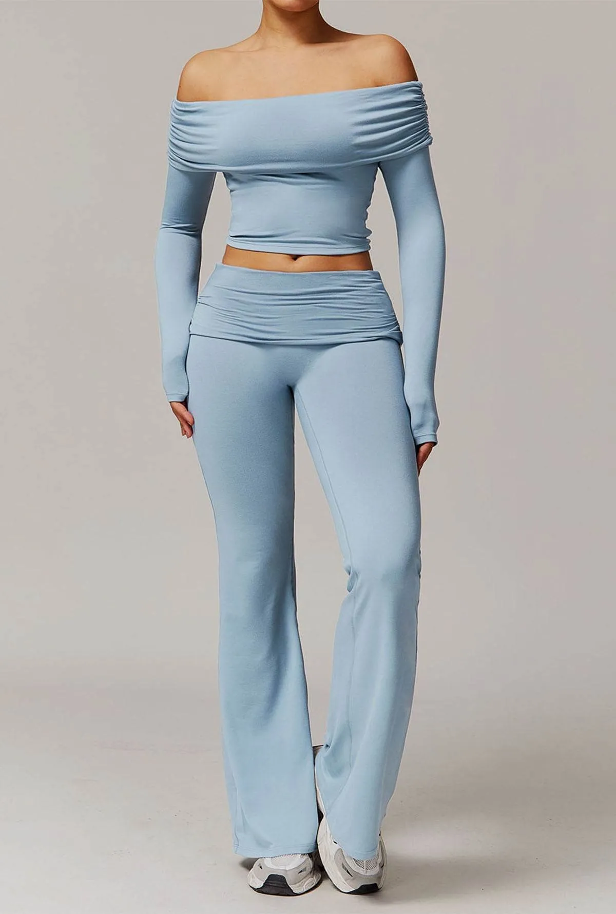 Active Wear Set with Long Sleeve Off Shoulder Crop Top and Flare Pants sold by CRAVE by Frederick Wilhelm product image thumbnail 5