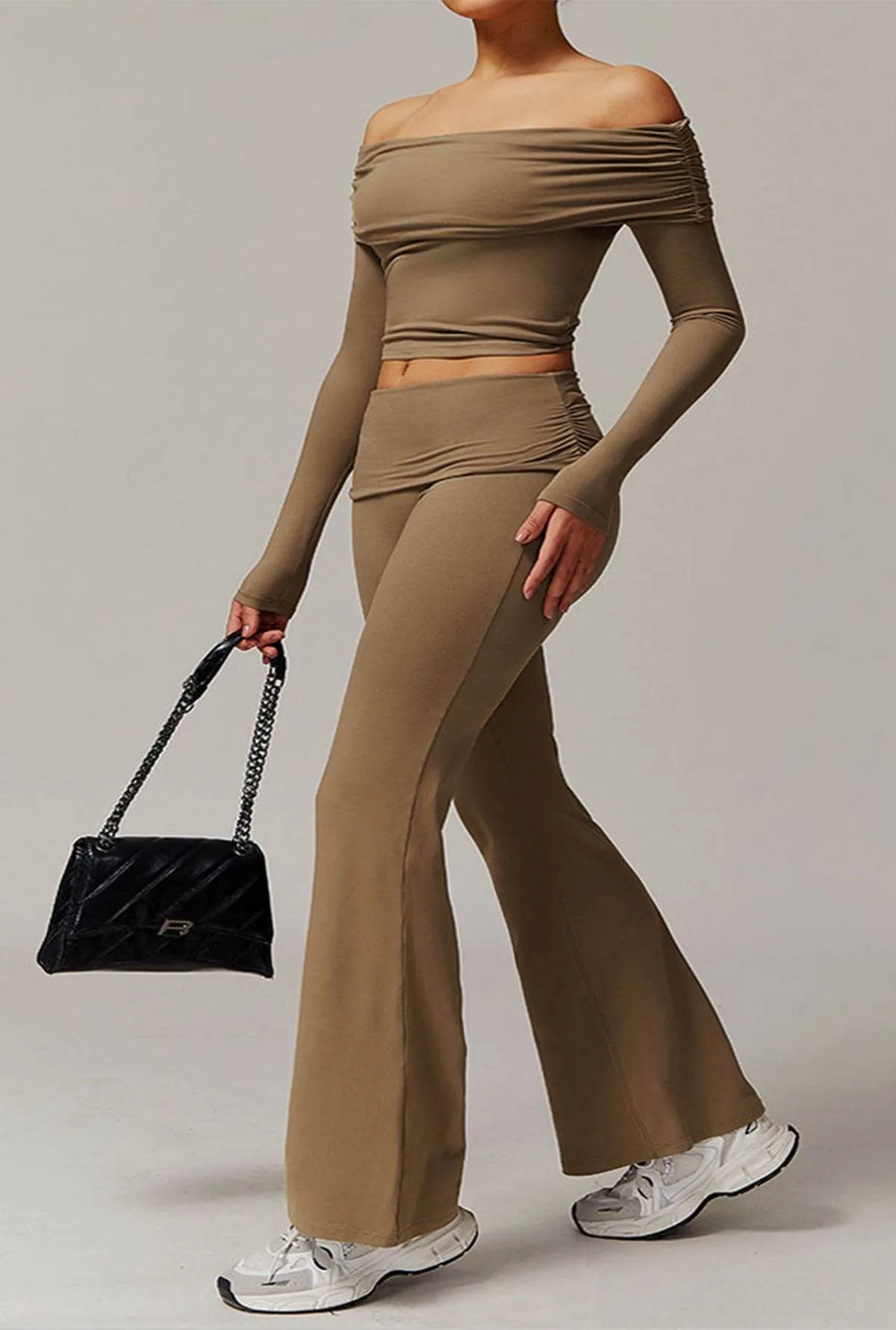 Active Wear Set with Long Sleeve Off Shoulder Crop Top and Flare Pants sold by CRAVE by Frederick Wilhelm product image thumbnail 2