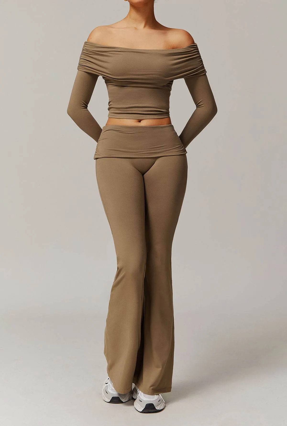 Active Wear Set with Long Sleeve Off Shoulder Crop Top and Flare Pants sold by CRAVE by Frederick Wilhelm product image thumbnail 3