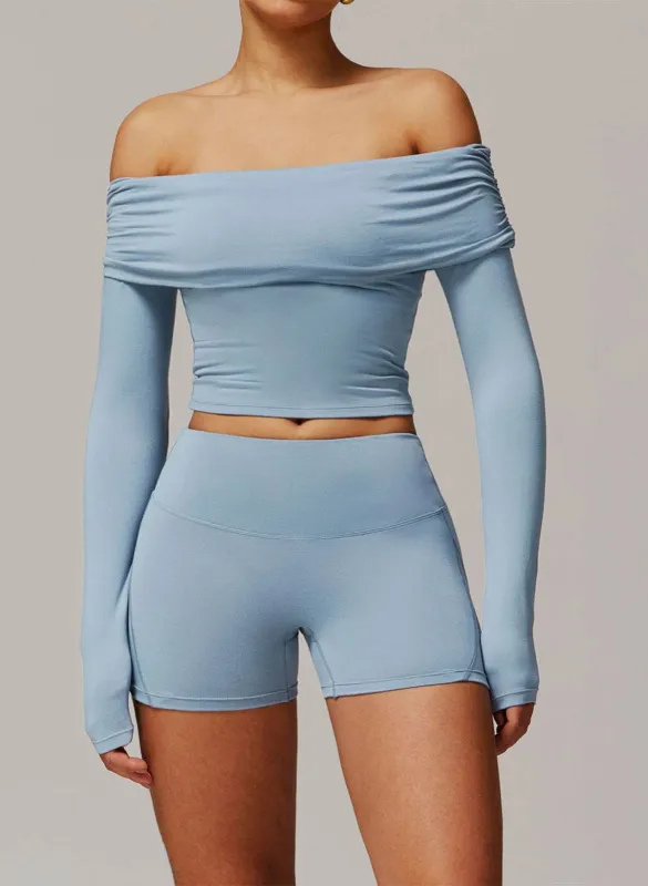Active Wear Set with Long Sleeve Off Shoulder Crop Top and Shorts made by CRAVE by Frederick Wilhelm