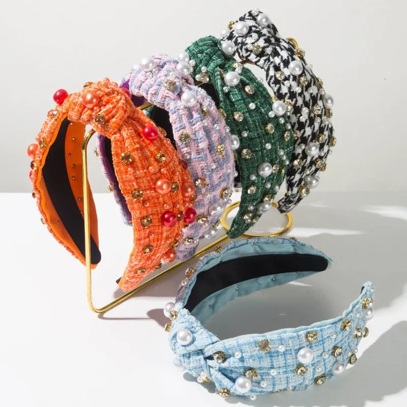 Classic Tweed Fabric Knotted Headband with Pearl and Rhinestone made by CRAVE by Frederick Wilhelm