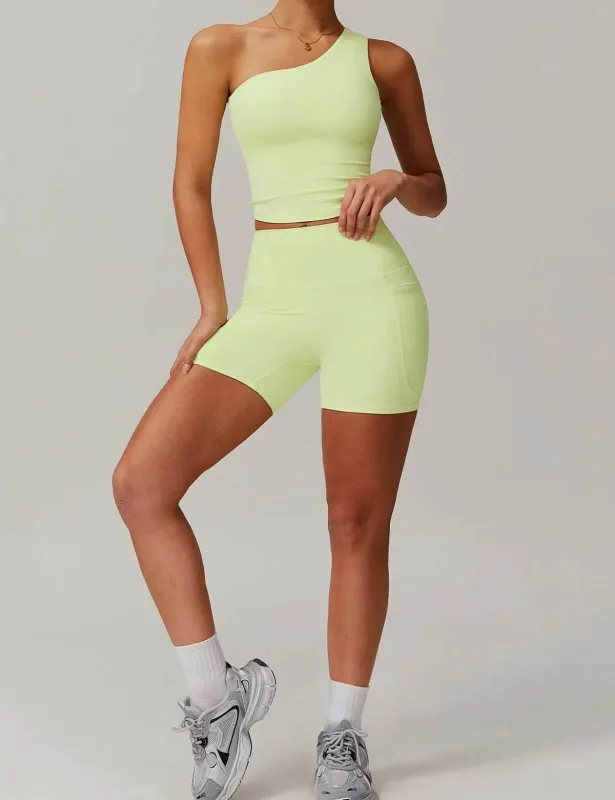 Solid Yoga Set with One Shoulder Tank Top and Short sold by CRAVE by Frederick Wilhelm