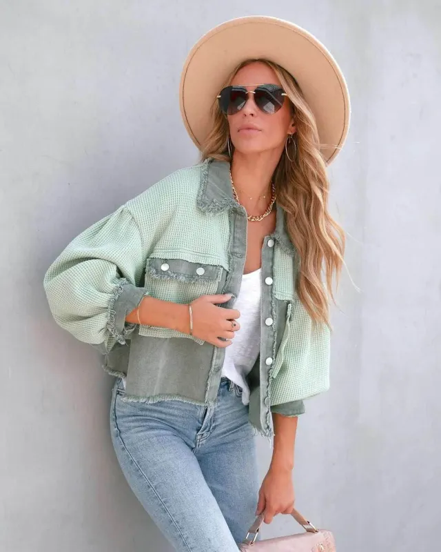 Denim Spliced Waffle Knit Cropped Jacket made by CRAVE by Frederick Wilhelm