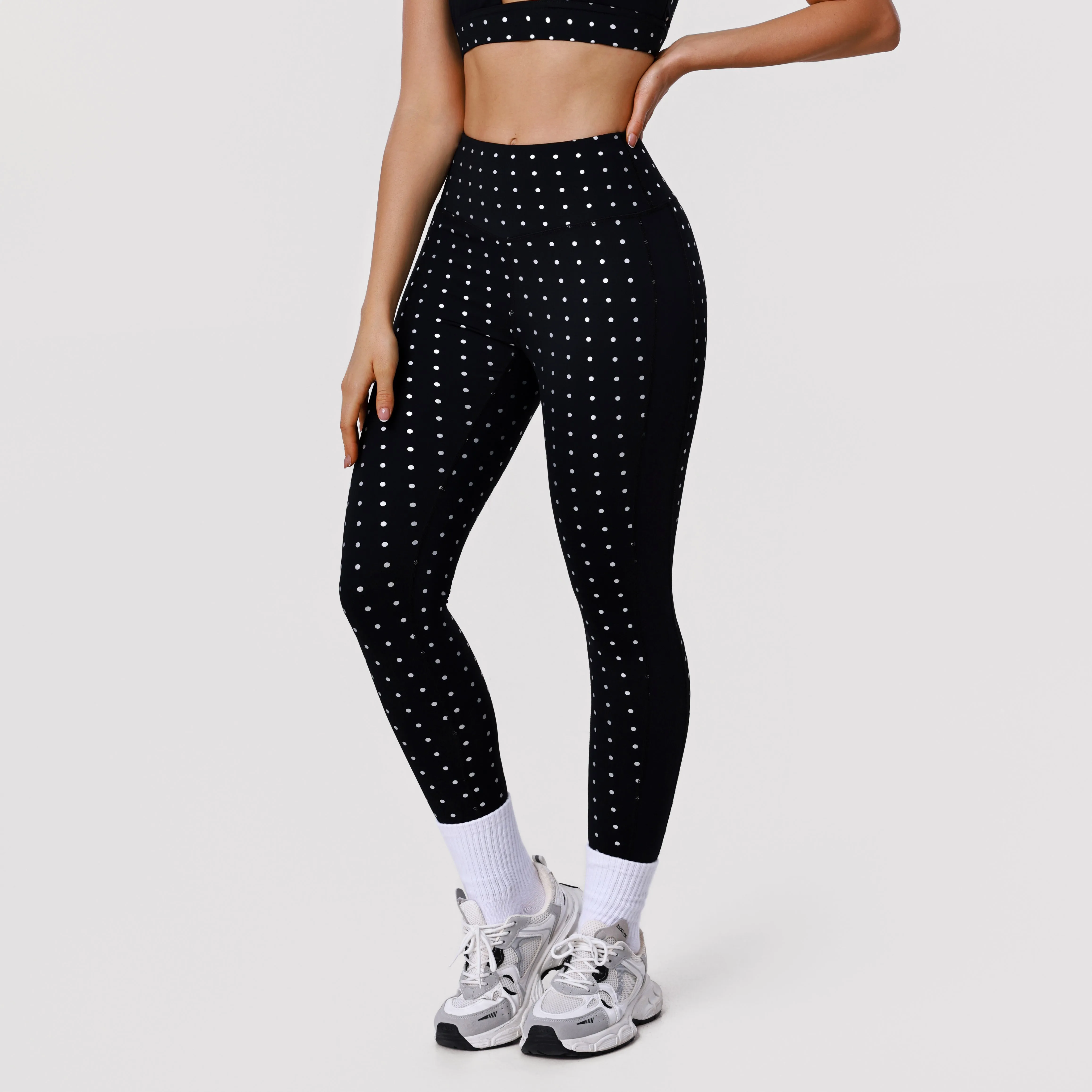 White Polka Dot Black High Waist Leggings Yoga Pants sold by CRAVE by Frederick Wilhelm product image thumbnail 3