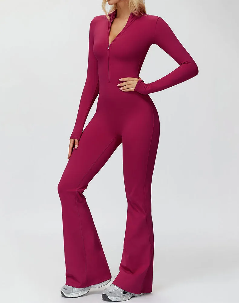Long Sleeve Flare Workout Jumpsuit Zip Up Wide Leg Bodysuit sold by CRAVE by Frederick Wilhelm product image thumbnail 4