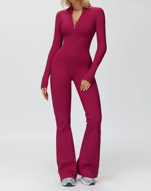 Long Sleeve Flare Workout Jumpsuit Zip Up Wide Leg Bodysuit sold by CRAVE by Frederick Wilhelm