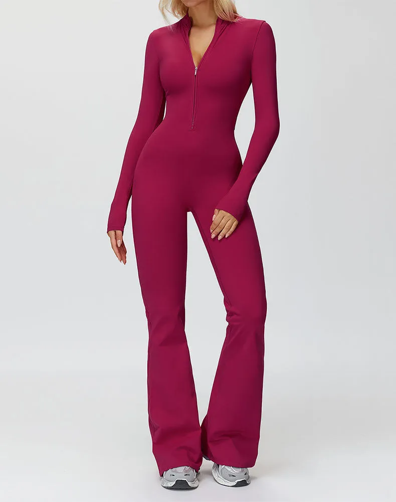 Long Sleeve Flare Workout Jumpsuit Zip Up Wide Leg Bodysuit sold by CRAVE by Frederick Wilhelm