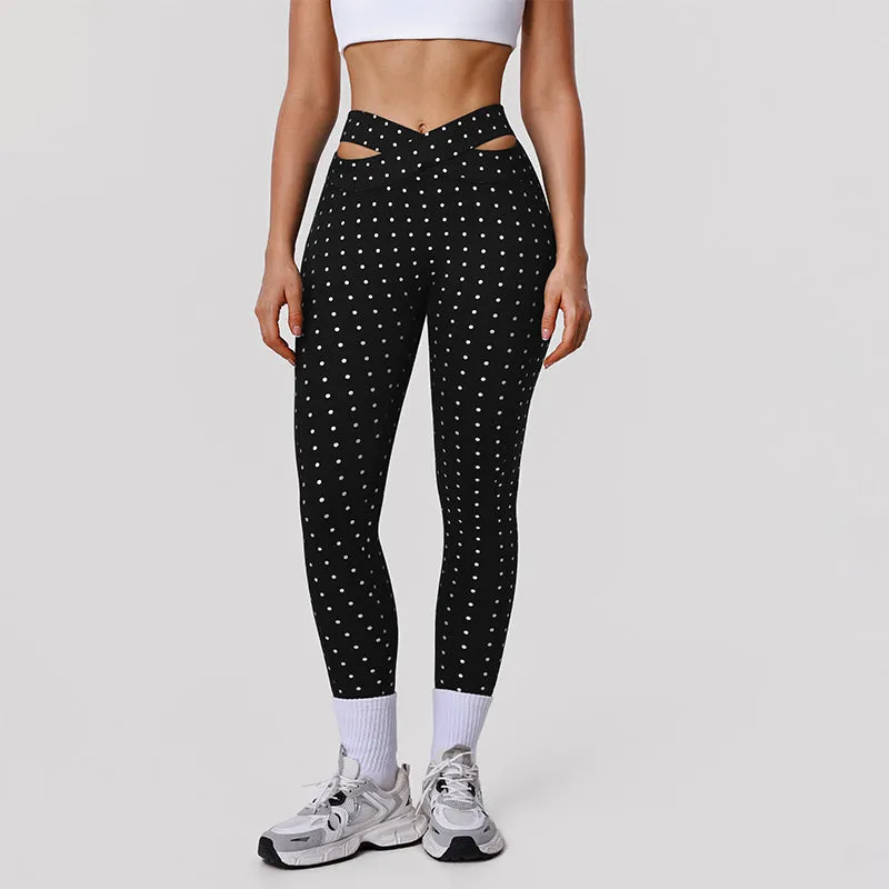 Silver Polka Dot Yoga Leggings Cross-cut Black Workout Pants made by CRAVE by Frederick Wilhelm