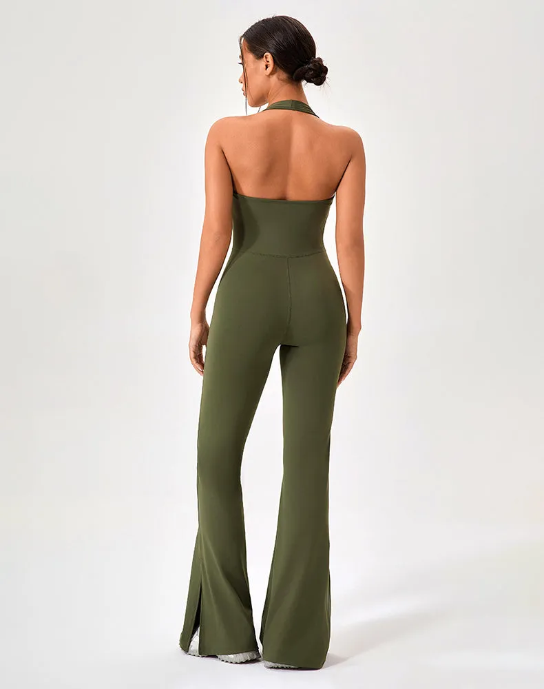 Halter Neck Flare Jumpsuit One Piece Side Split Yoga Rompers sold by CRAVE by Frederick Wilhelm product image thumbnail 3