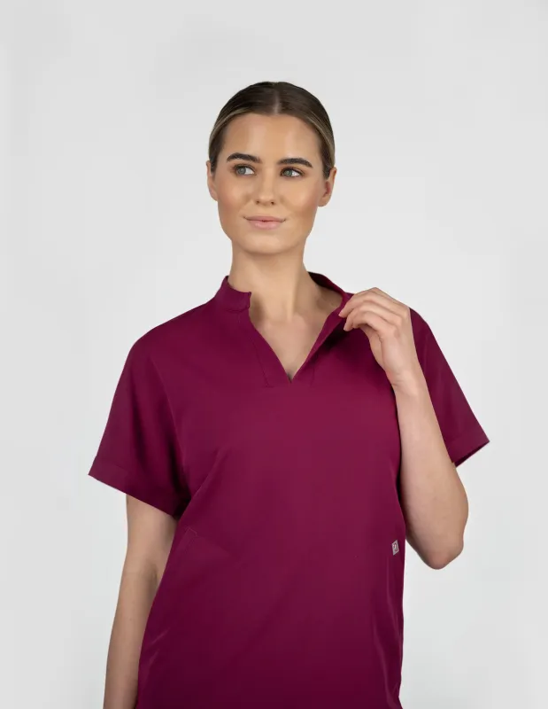 Orchid Three-Pocket Women's Maroon Scrub Top sold by Create Amor