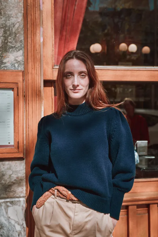 NATHALIE Puff Sleeve Sweater in Merino Wool - Navy sold by L’ENVERS