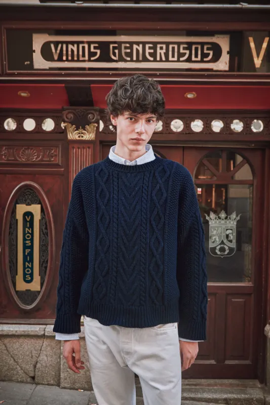 ROGER Irish Sweater for Men in Merino Wool - Navy sold by L’ENVERS