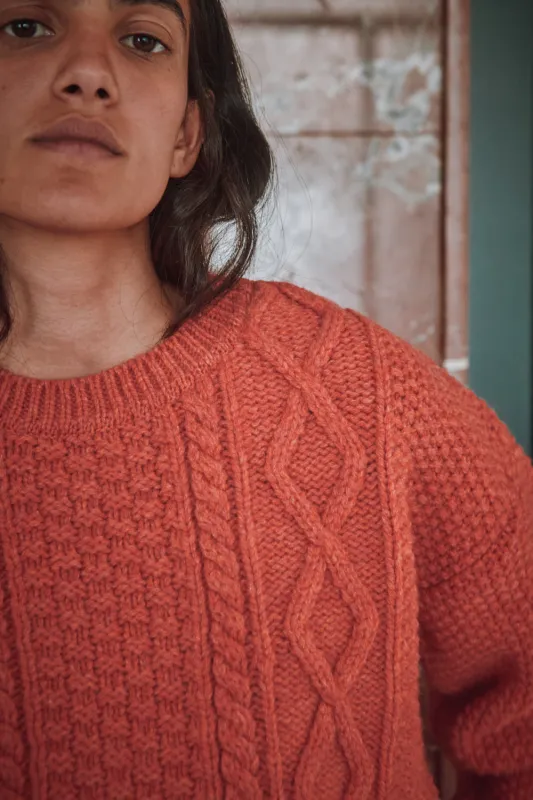 PAOLA Irish Cable Sweater in Merino Wool - Coral sold by L’ENVERS