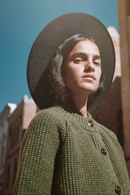 AGATHE Long Knit Jacket in Merino Wool - Olive Green sold by L’ENVERS