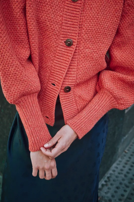 ANAIS Puff Sleeve Cardigan in Merino Wool - Coral sold by L’ENVERS