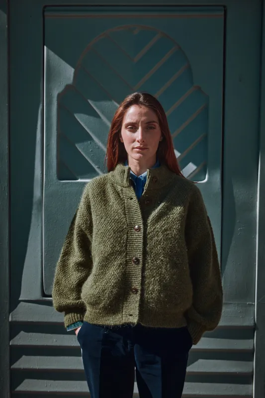 GEORGE High-Neck Cardigan Jacket in Merino-Mohair Wool - Olive Green sold by L’ENVERS