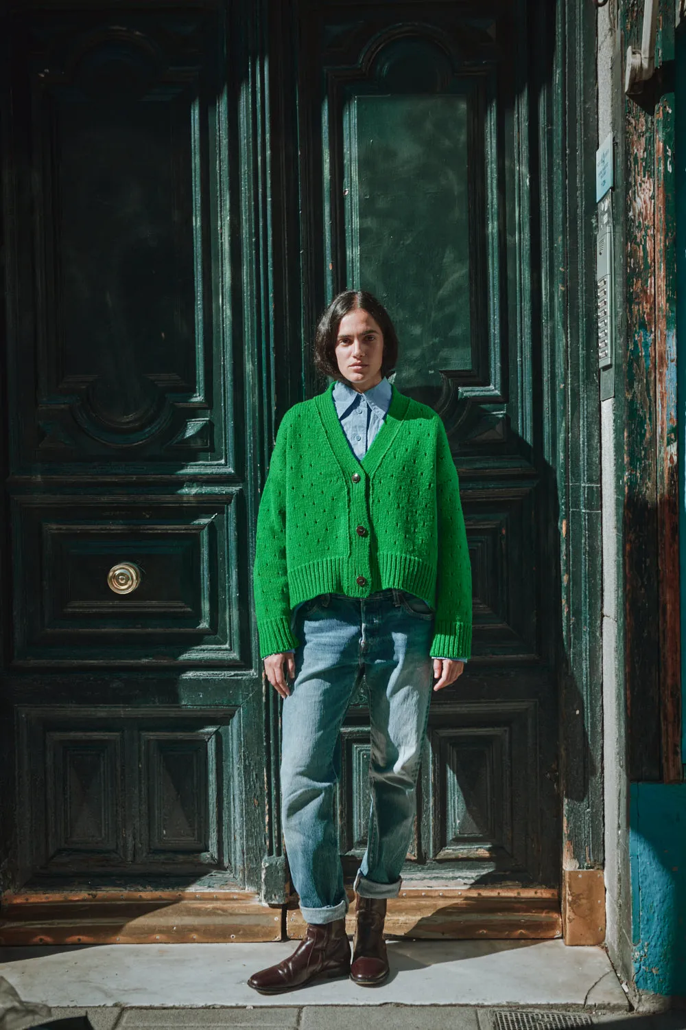 KATRINA Open Weave Cardigan in Merino Wool - Parrot Green sold by L’ENVERS product image thumbnail 5