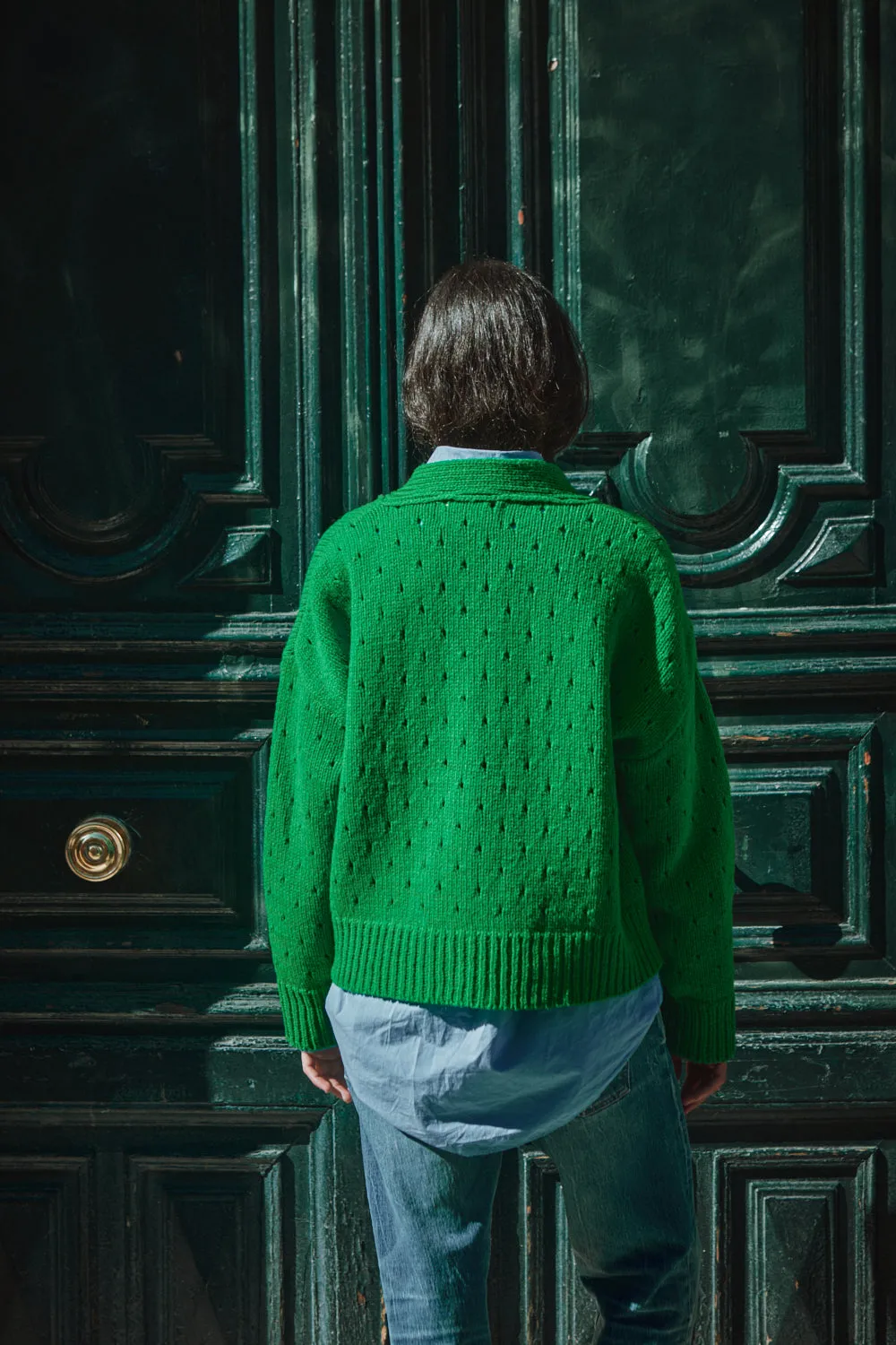 KATRINA Open Weave Cardigan in Merino Wool - Parrot Green sold by L’ENVERS product image thumbnail 4