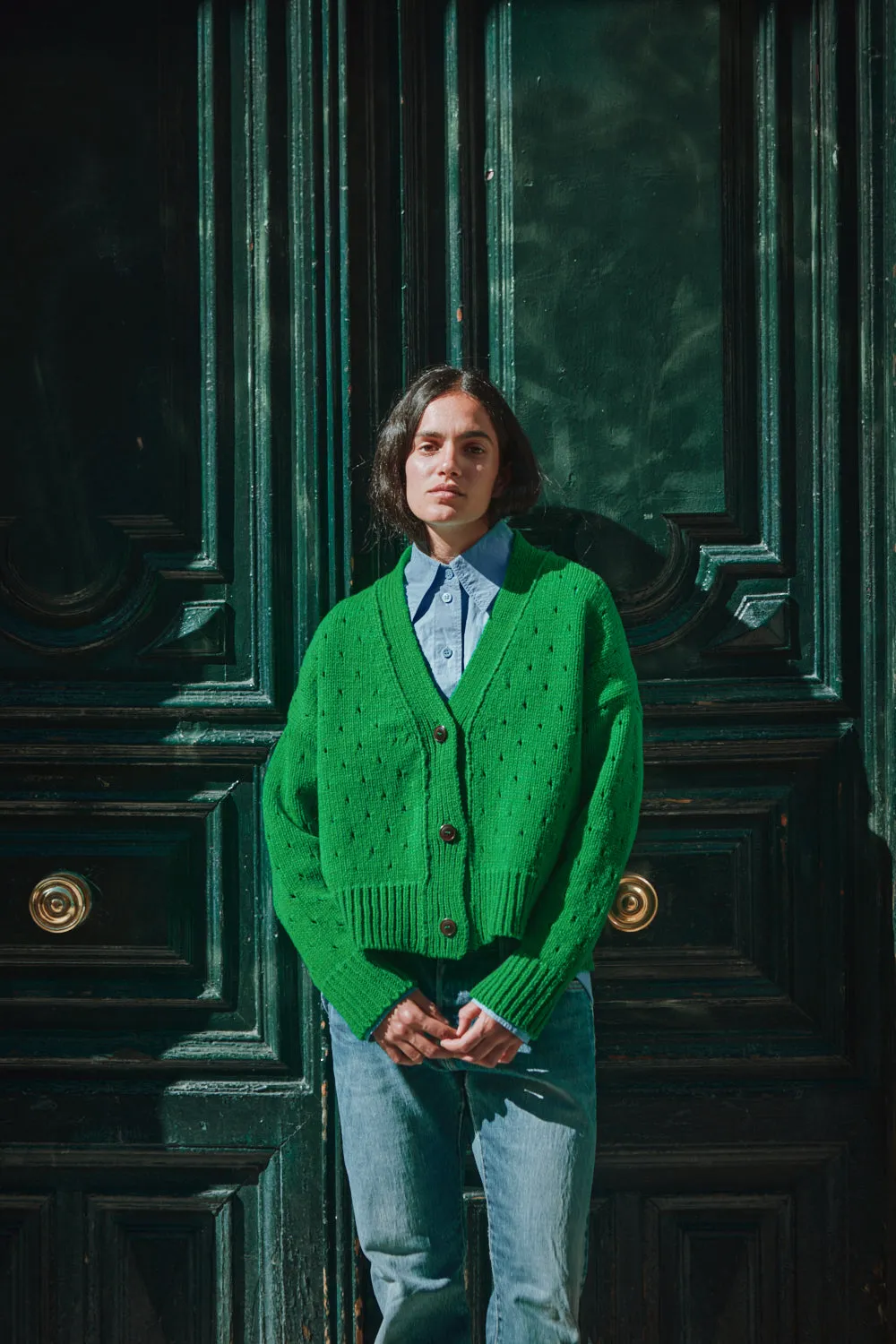 KATRINA Open Weave Cardigan in Merino Wool - Parrot Green sold by L’ENVERS