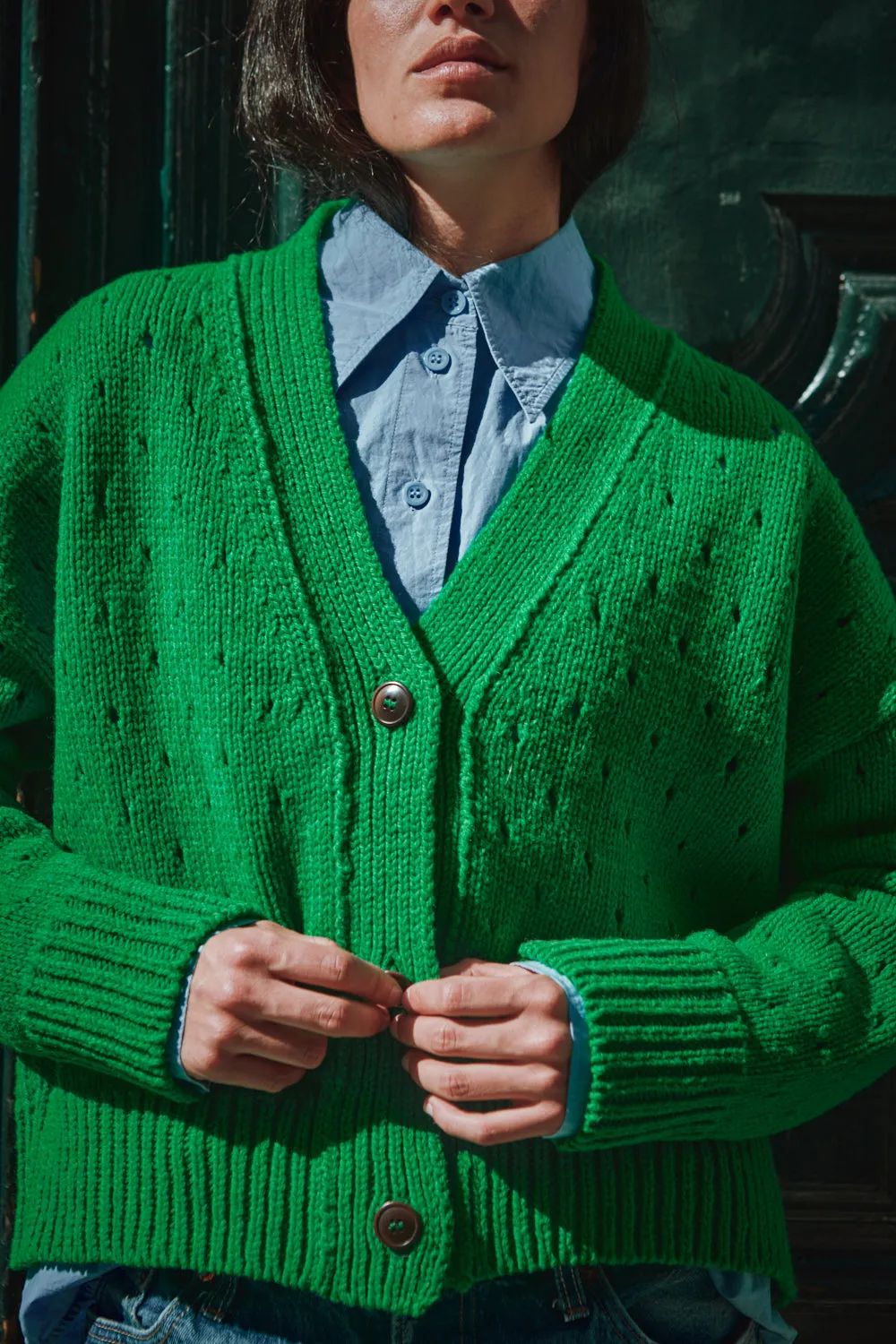 KATRINA Open Weave Cardigan in Merino Wool - Parrot Green sold by L’ENVERS product image thumbnail 2