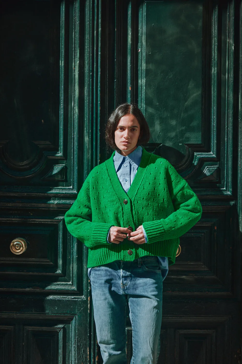 KATRINA Open Weave Cardigan in Merino Wool - Parrot Green sold by L’ENVERS product image thumbnail 3