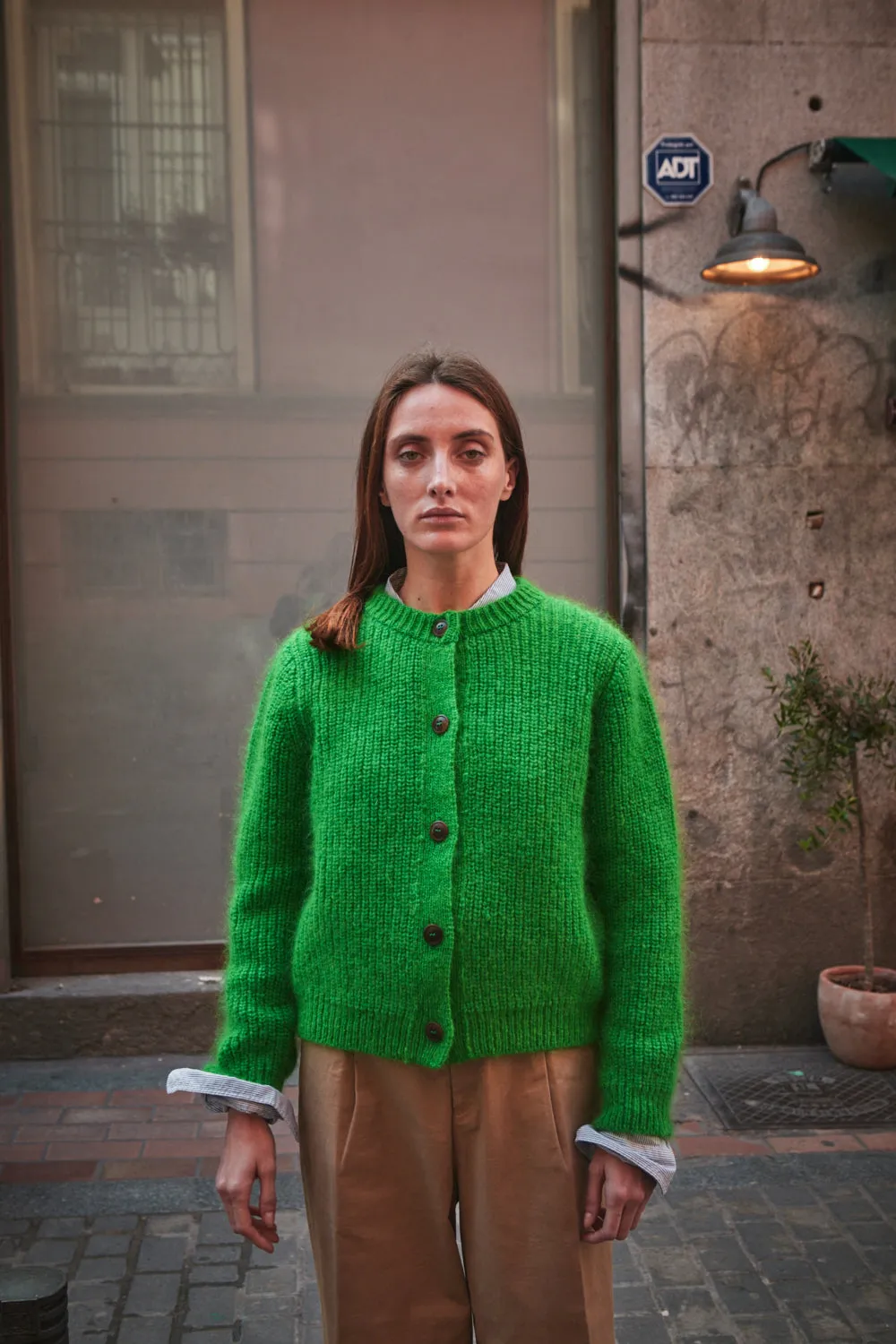 CHARLOTTE Round-Neck Cardigan in Merino-Mohair Wool - Parrot Green sold by L’ENVERS
