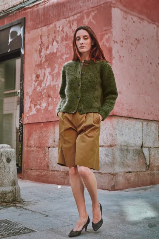 CHARLOTTE Round-Neck Cardigan in Merino-Mohair Wool - Olive Green sold by L’ENVERS