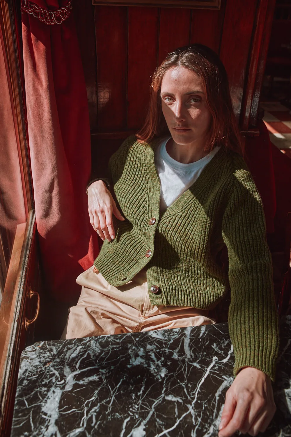 ANNA V-Neck Cardigan in Merino Wool - Olive Green sold by L’ENVERS product image thumbnail 4