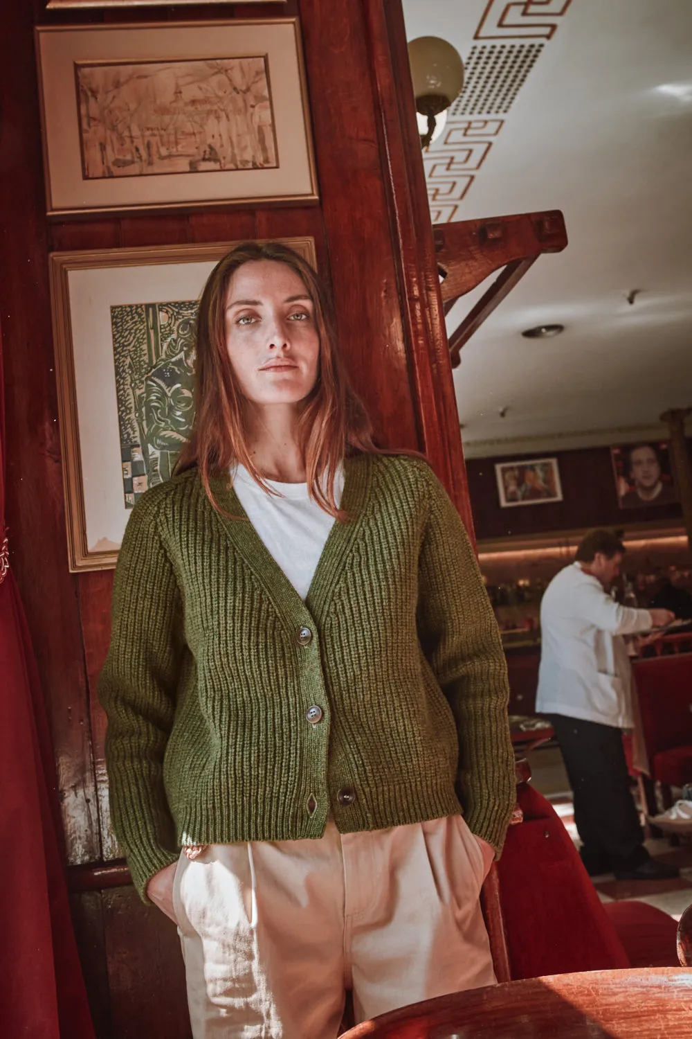 ANNA V-Neck Cardigan in Merino Wool - Olive Green sold by L’ENVERS product image thumbnail 3
