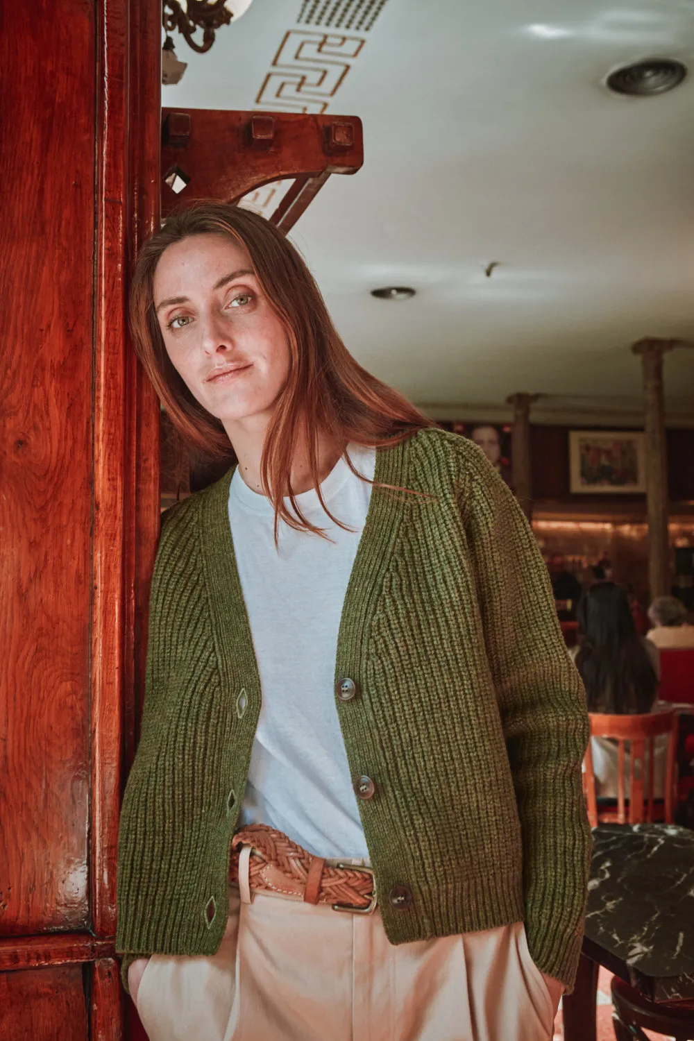 ANNA V-Neck Cardigan in Merino Wool - Olive Green sold by L’ENVERS product image thumbnail 2