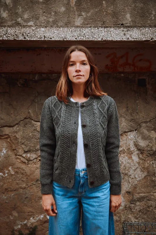 SONIA Cable Cardigan in Merino Wool - Ash Grey sold by L’ENVERS