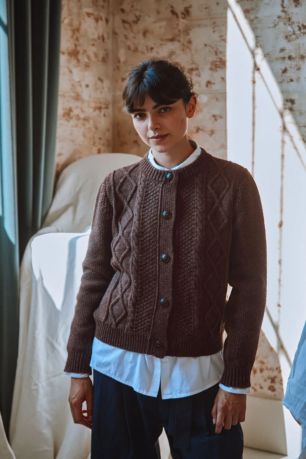 SONIA Cable Cardigan in Merino Wool - Chocolate sold by L’ENVERS product image thumbnail 2