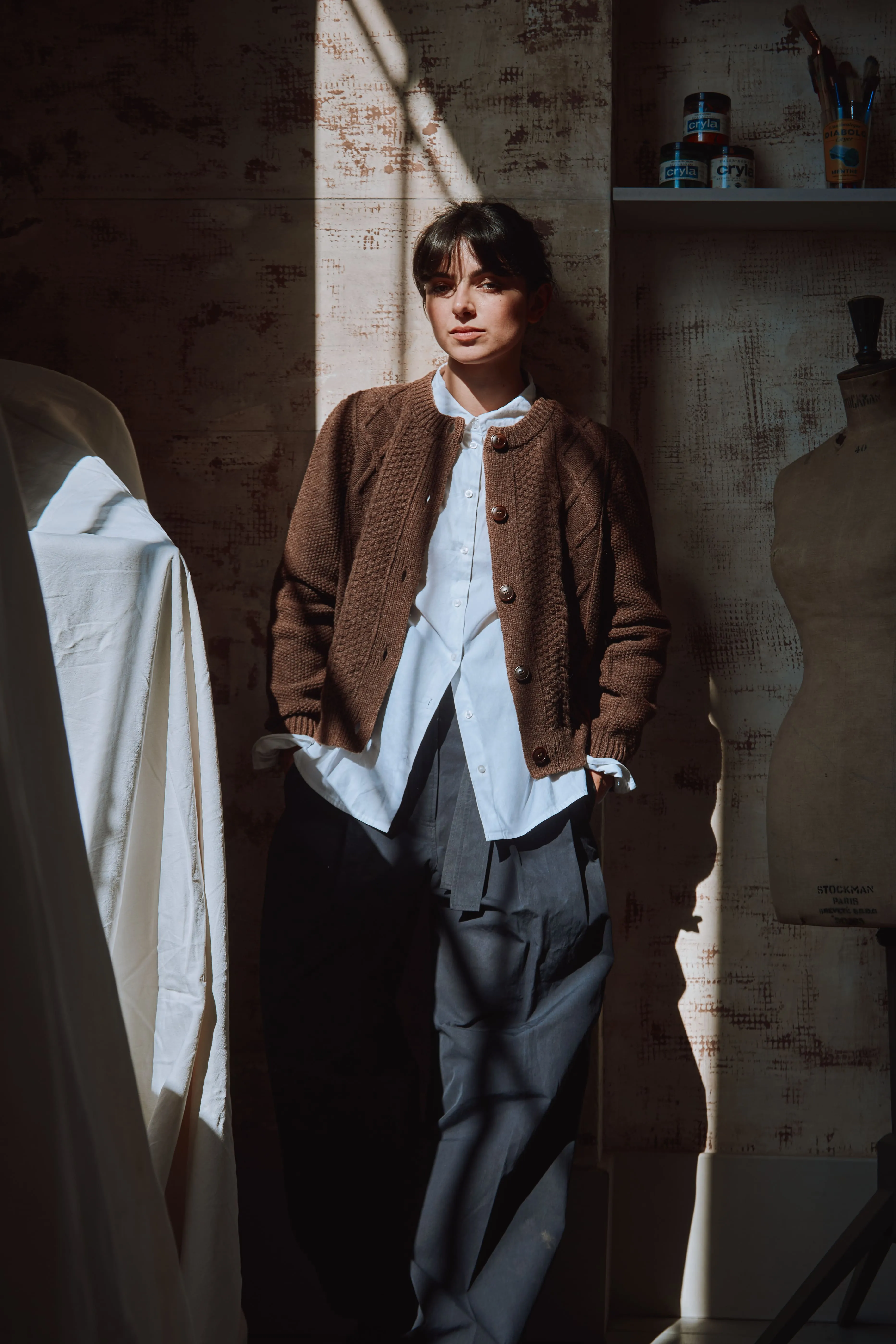 SONIA Cable Cardigan in Merino Wool - Chocolate sold by L’ENVERS