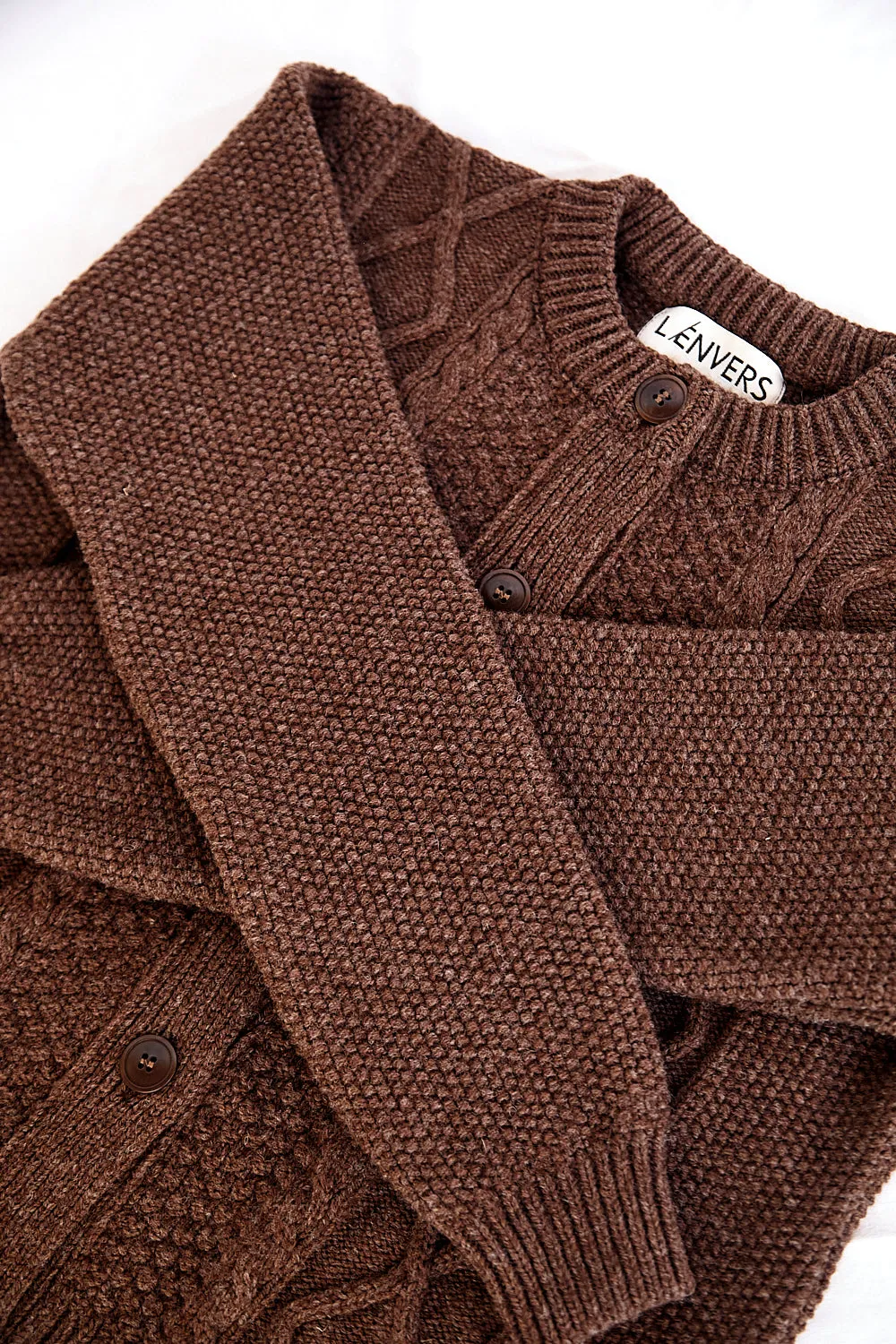 SONIA Cable Cardigan in Merino Wool - Chocolate sold by L’ENVERS product image thumbnail 5