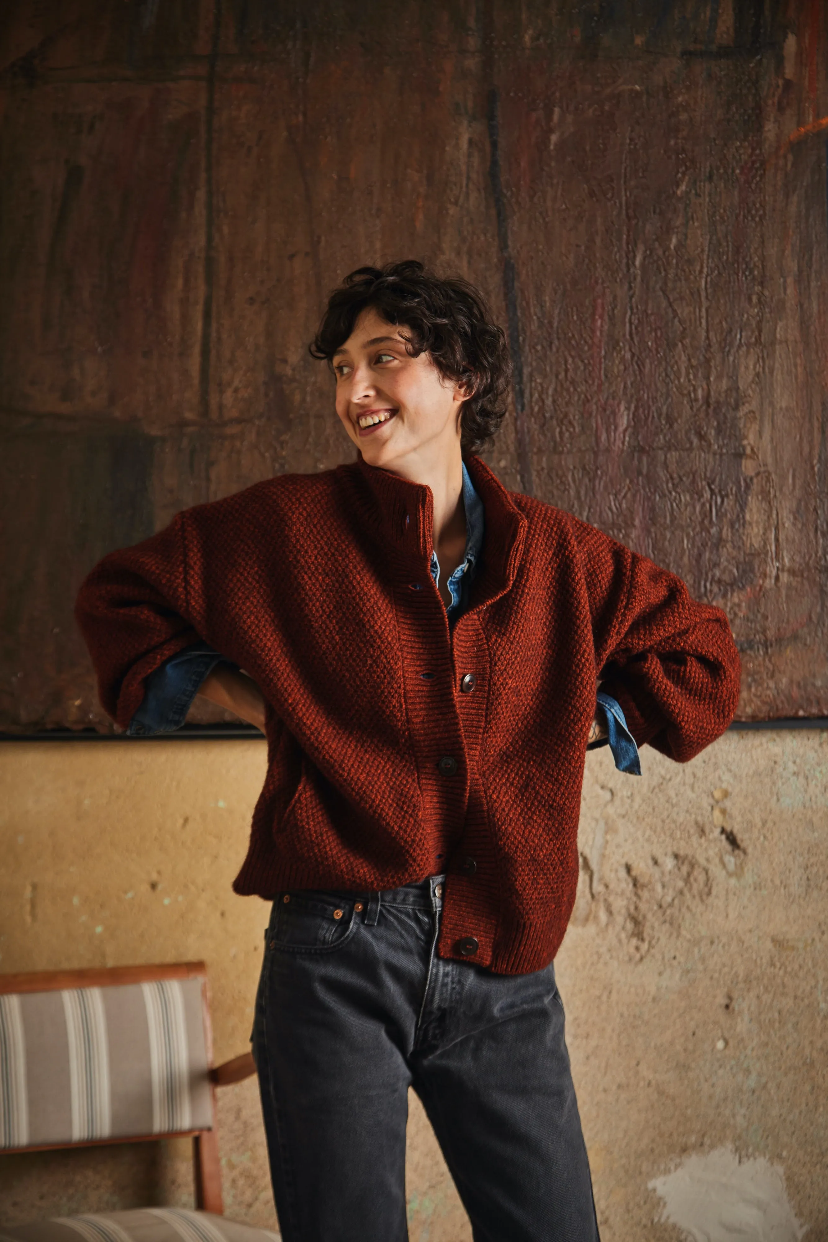 GEORGE High-Neck Cardigan Jacket in Yak-Merino Wool - Rust Red sold by L’ENVERS