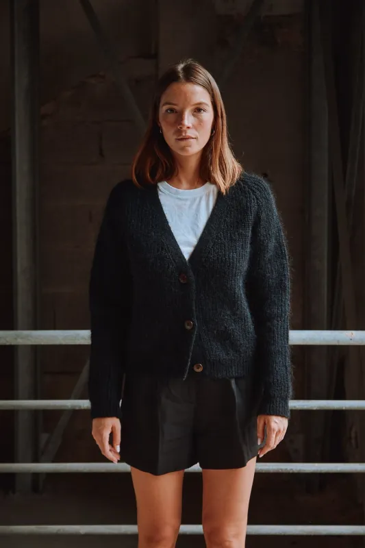 ANNA V-Neck Cardigan in Merino-Mohair Wool - Black sold by L’ENVERS