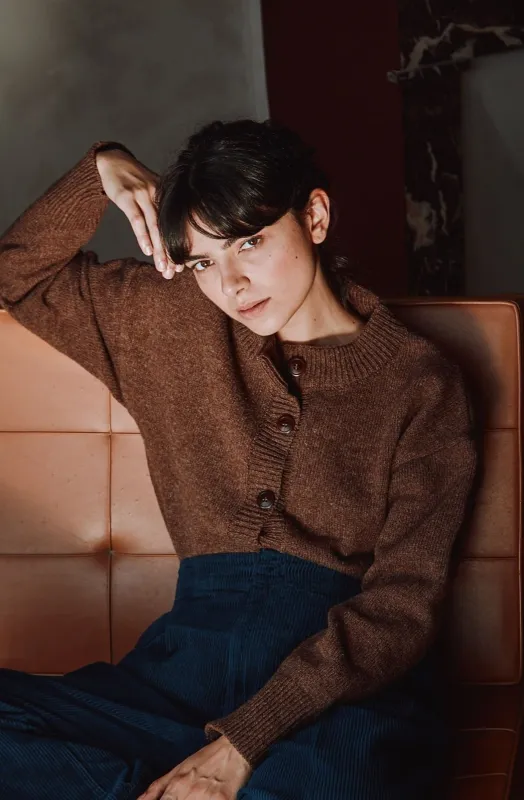 SANDRA Funnel-Neck Cardigan in Merino Wool - Chocolate sold by L’ENVERS